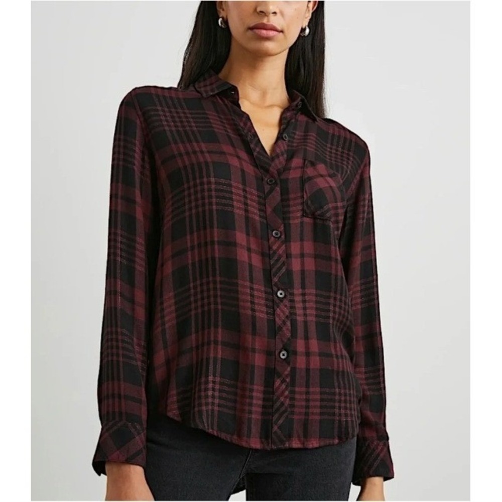 Rails Hunter Black Merlot Lurex Plaid Flannel Button Down Shirt Small Burgundy